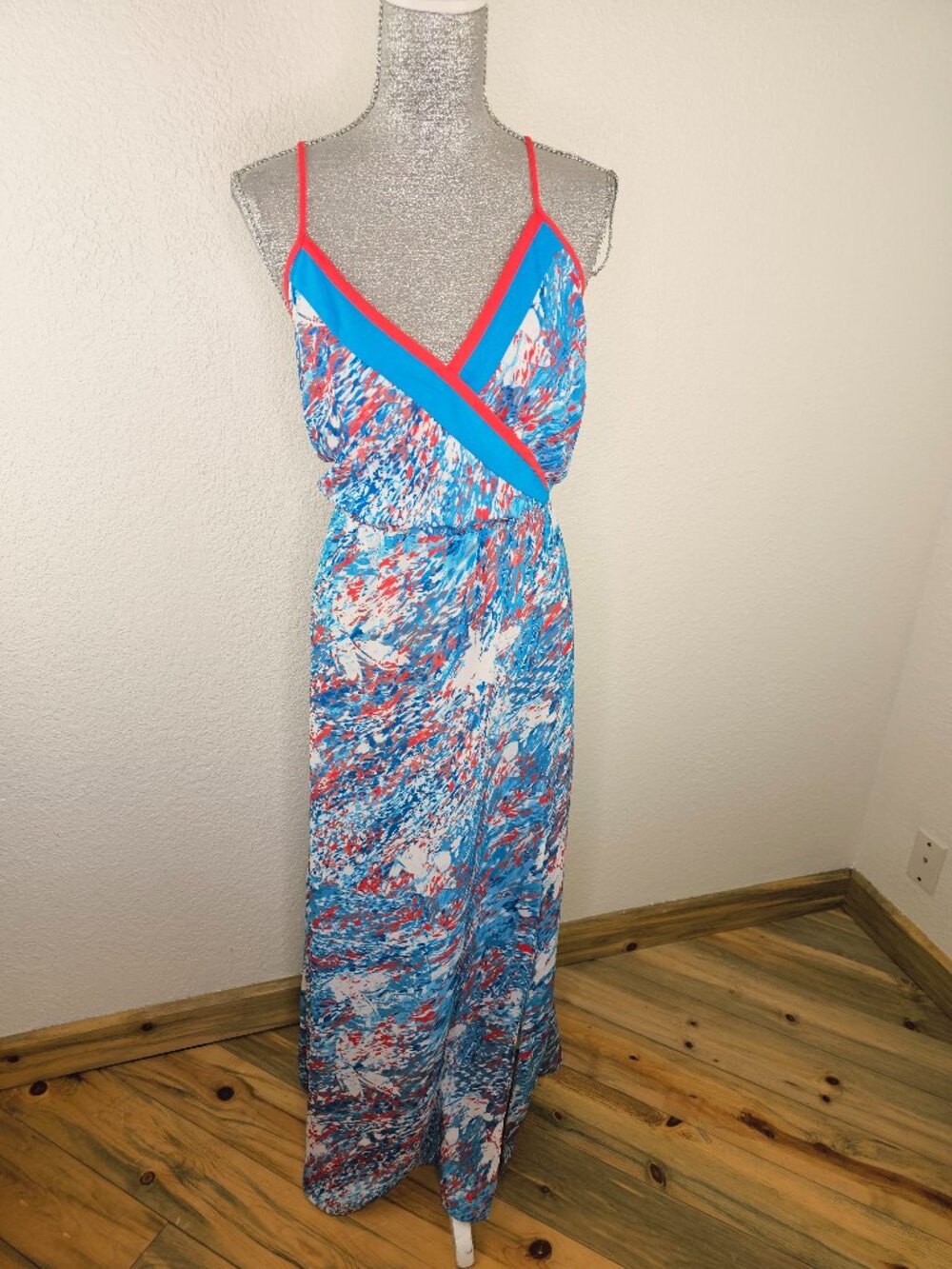Bar III Coral & Turquoise Faux Wrap Maxi Dress